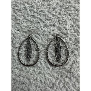 Silver Toned Teardrop Dangle Earrings - Textured Oval Frame with Leaf Design